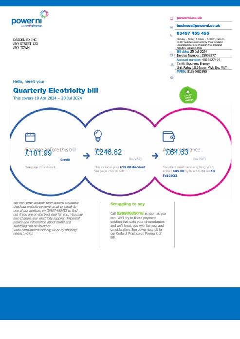 United Kingdom Power Ni business utility bill Word and PDF template PSD template
